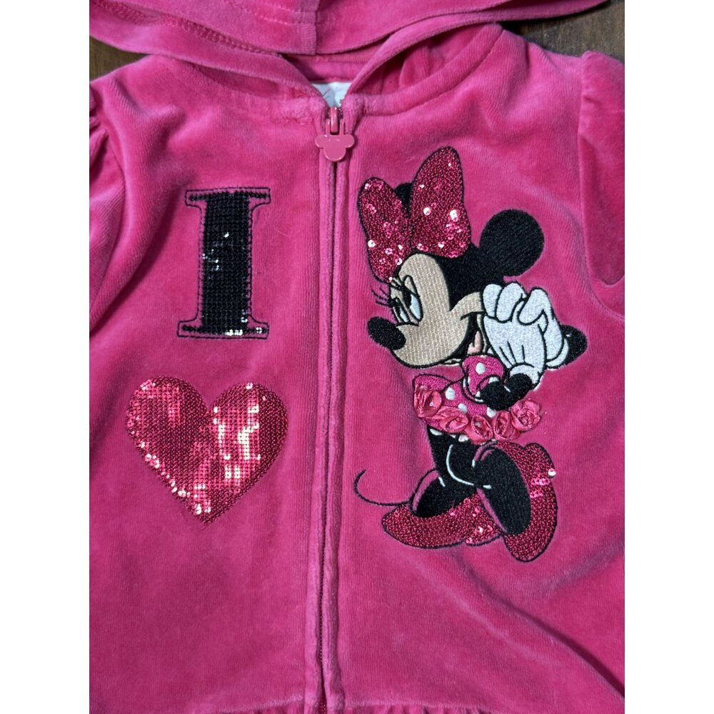 Disney Minnie Mouse Pink Velour Hoodie Jacket 3T Sequins & Ruffle Hem For Girls